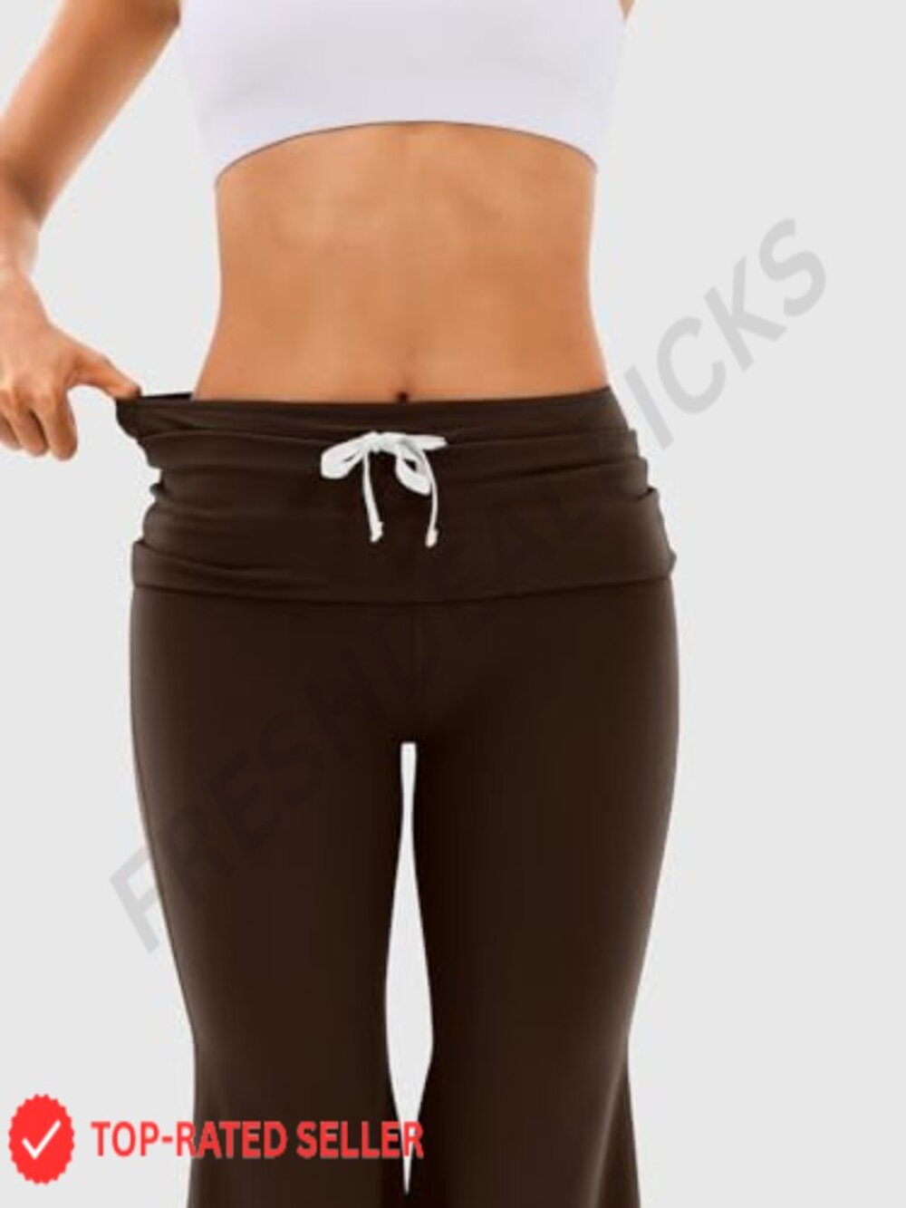 Fold-Over Flare Yoga Pants High Waist Drawstring Tummy Control Leggings Pilates - Picture 2 of 6